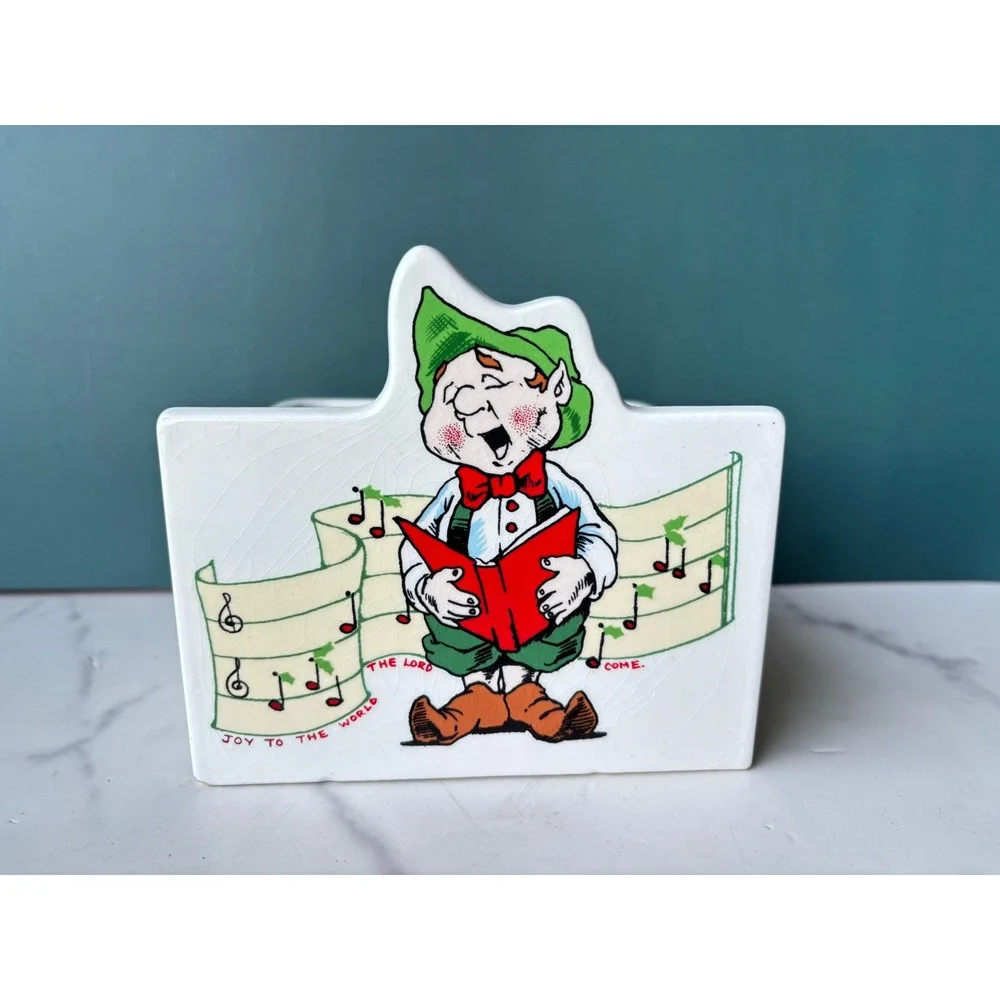 Vintage Napco Christmas Elf Caroler Ceramic Planter Jingle Bells Joy